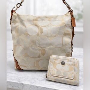 Coach Large Carly Cream Signature Hobo w/Tan Leather Y2K Bag & matching wallet